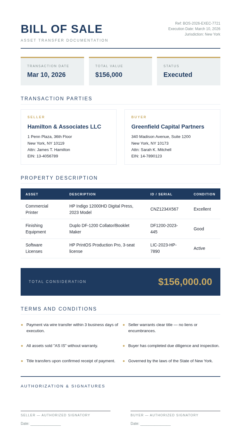 Executive Summary Bill Of Sale